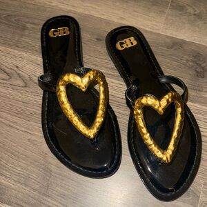 Gianni Bini Black Sandals with Gold Heart Accent